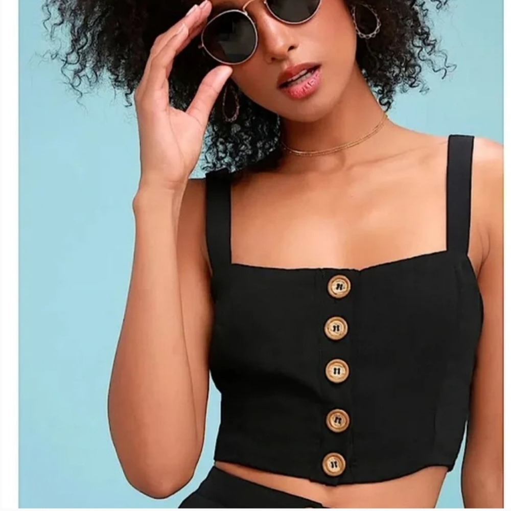 Lulus Black Button Ruched Sides Crop Top Size Small - Picture 3 of 7